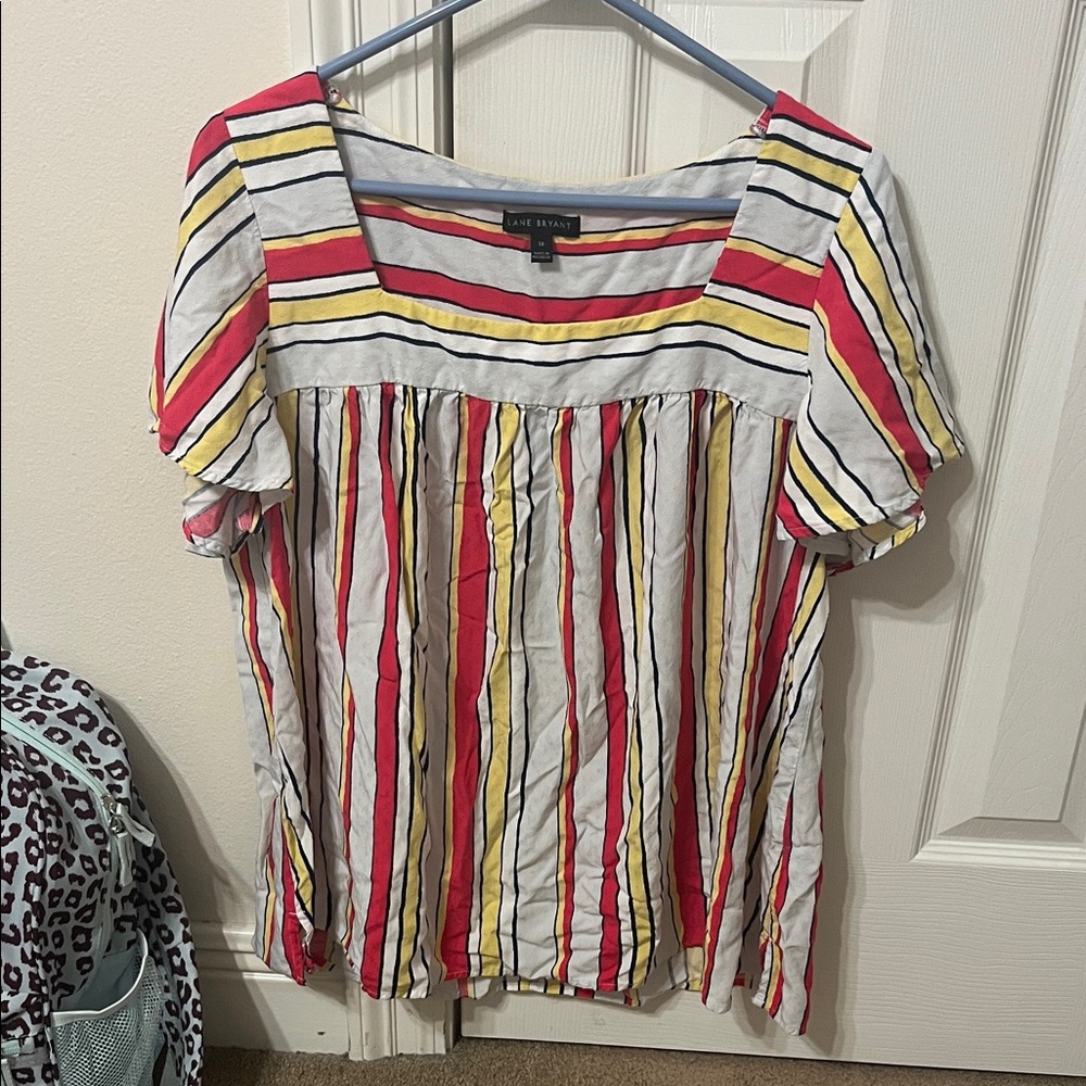 Lane Bryant Red, Yellow, and Navy Striped Blouse